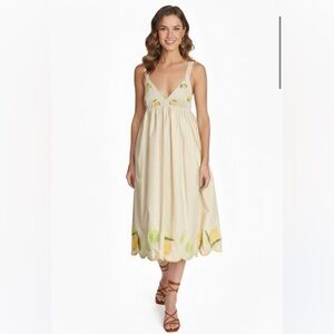 Corey Lynn Calter 100% Organic Cotton Embroidered Lemon Lime Scalloped Midi Dres